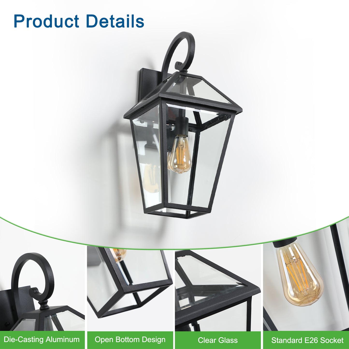 21"(H) 1-Pack Outdoor Wall Lantern Light – Modern Black Metal & Clear Glass Sconce for Porch, Patio, and Garden Lighting (Bulb Not Included)