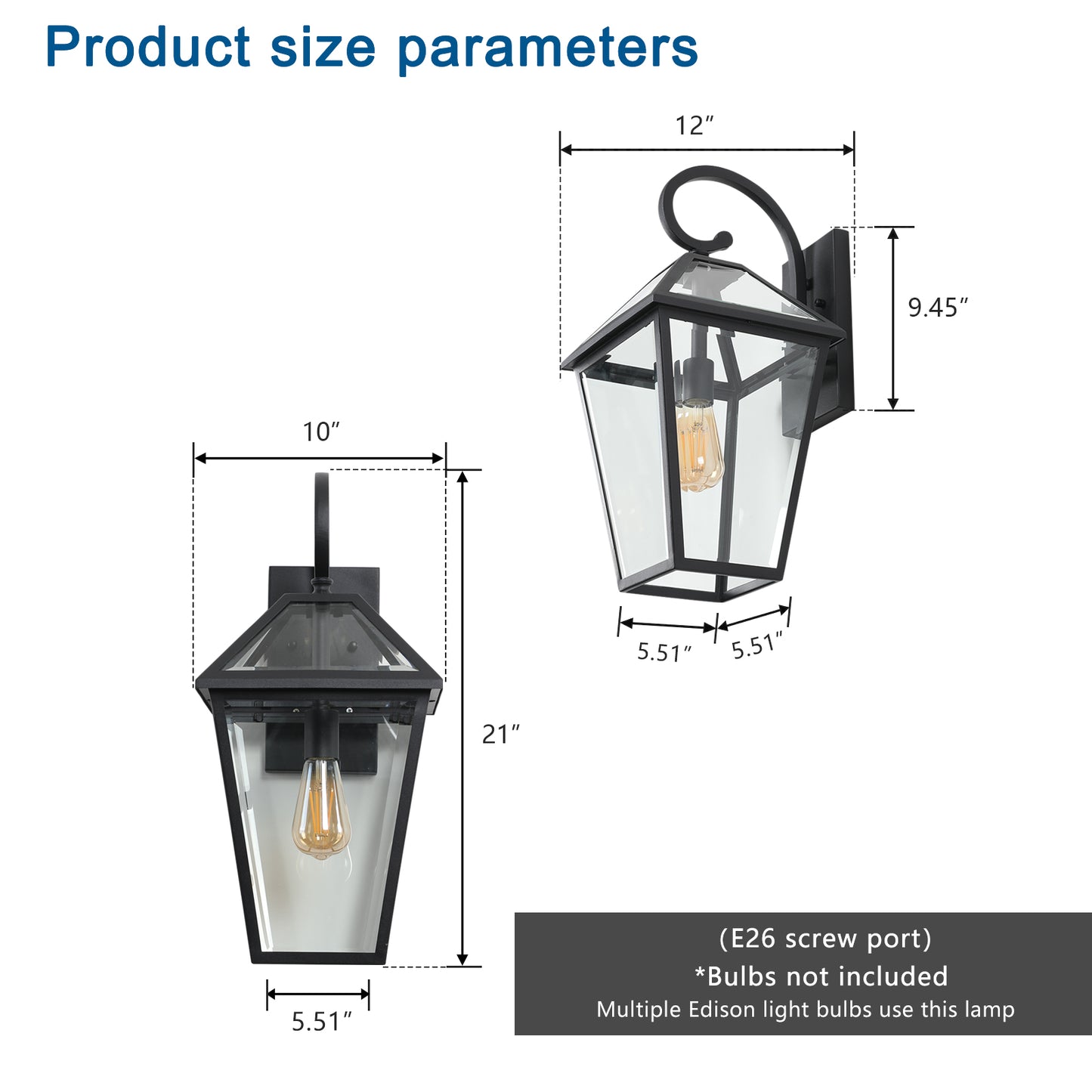 21"(H) 1-Pack Outdoor Wall Lantern Light – Modern Black Metal & Clear Glass Sconce for Porch, Patio, and Garden Lighting (Bulb Not Included)
