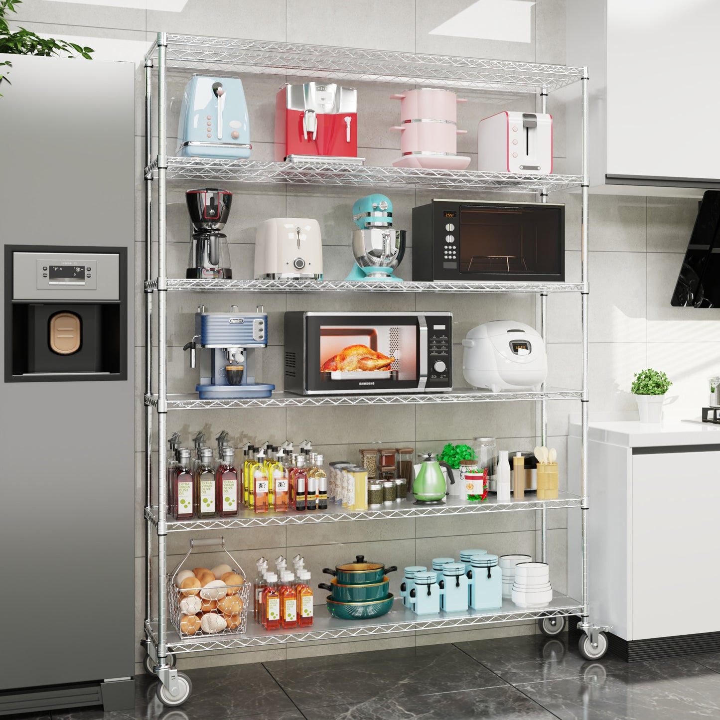 6 Tier Wire Shelving Unit, 6000 LBS NSF Height Adjustable Metal Garage Storage Shelves with Wheels, Heavy Duty Storage Wire Rack Metal Shelves - Chrome