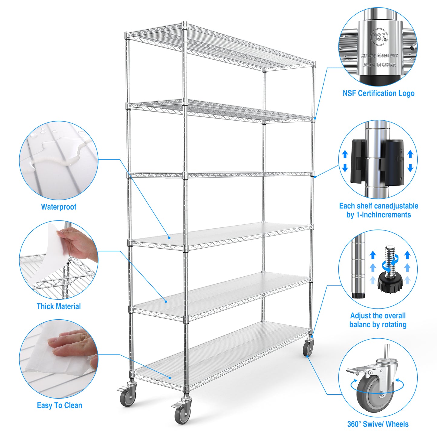 6 Tier Wire Shelving Unit, 6000 LBS NSF Height Adjustable Metal Garage Storage Shelves with Wheels, Heavy Duty Storage Wire Rack Metal Shelves - Chrome