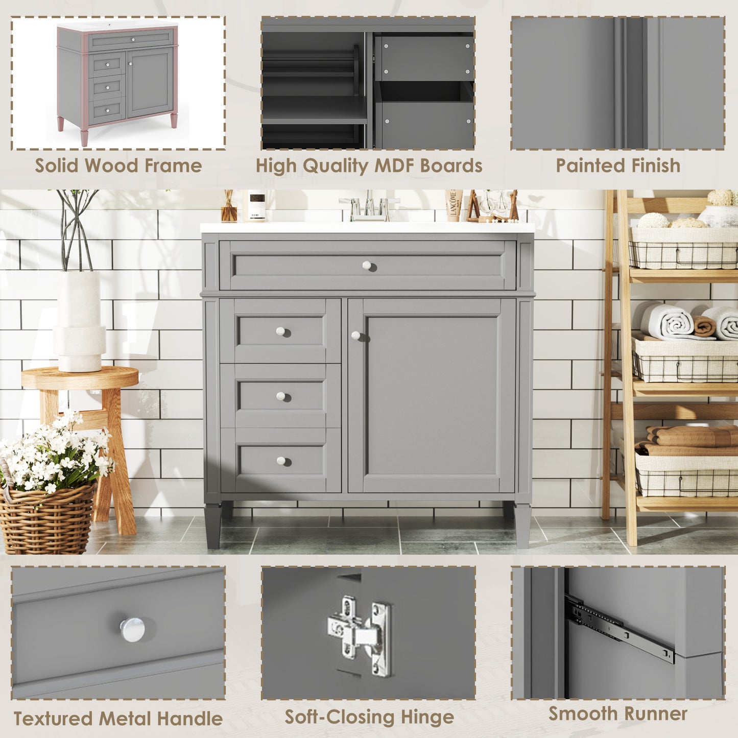 36'' Bathroom Vanity with Top Sink, Modern Bathroom Storage Cabinet with 2 Drawers and a Tip-out Drawer, Single Sink Bathroom Vanity