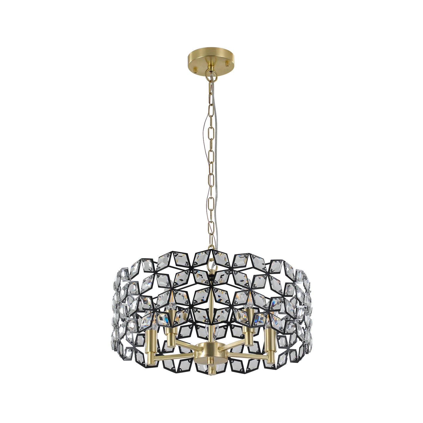 19" Geometric Crystal and BlackGold Round Pendant Chandelier – Modern 5-Light Fixture for Dining Room, Living Room, or Kitchen (Bulb Not Included)