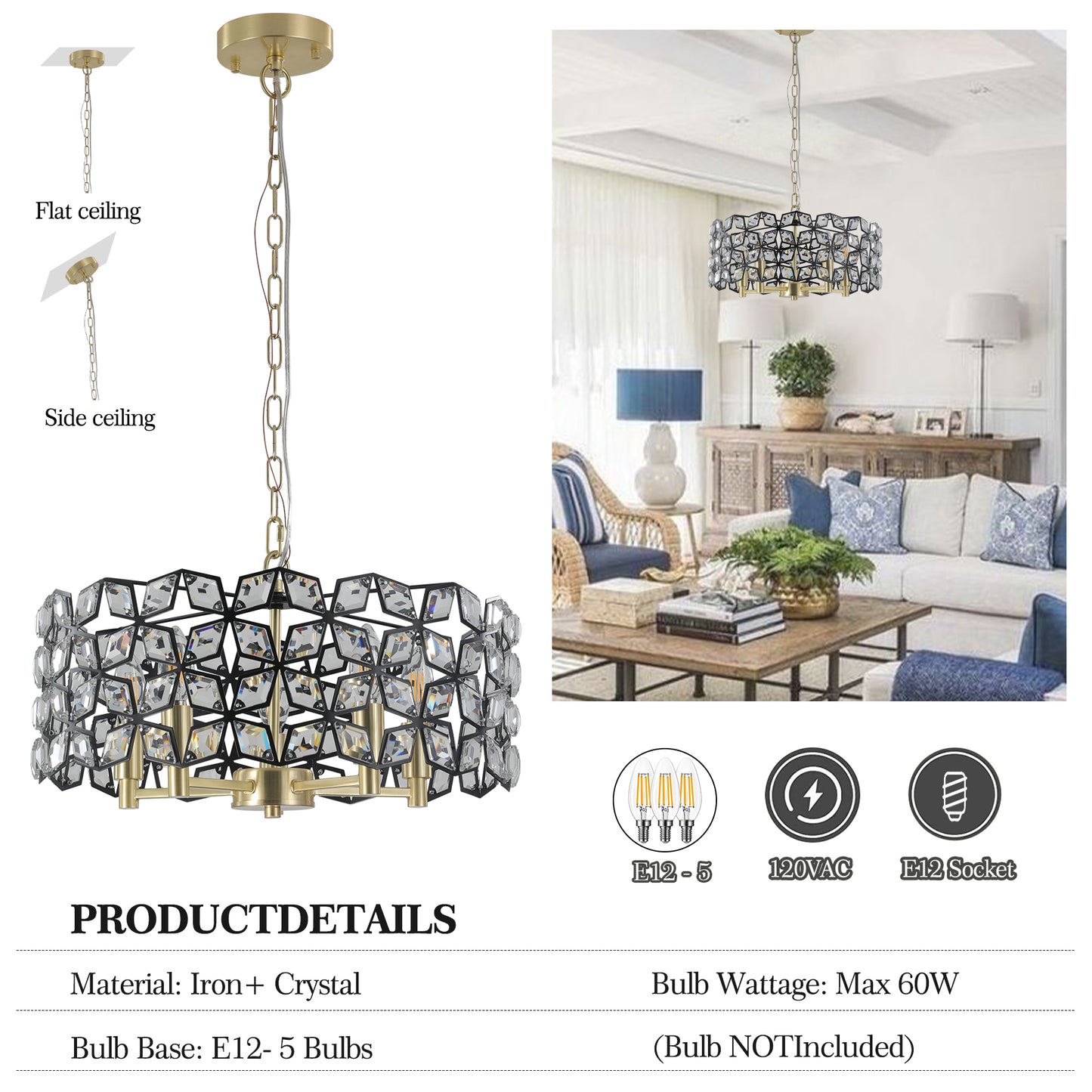 19" Geometric Crystal and BlackGold Round Pendant Chandelier – Modern 5-Light Fixture for Dining Room, Living Room, or Kitchen (Bulb Not Included)