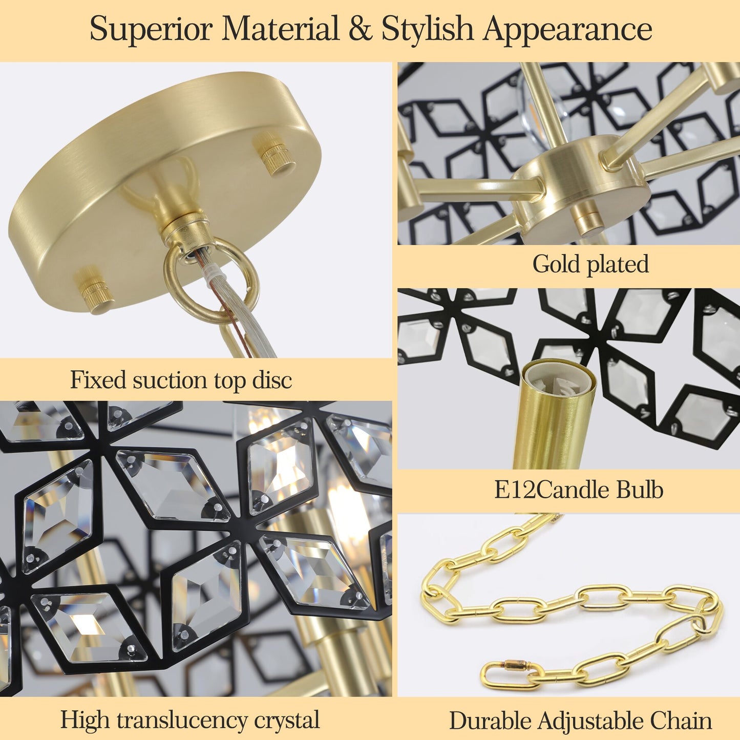19" Geometric Crystal and BlackGold Round Pendant Chandelier – Modern 5-Light Fixture for Dining Room, Living Room, or Kitchen (Bulb Not Included)