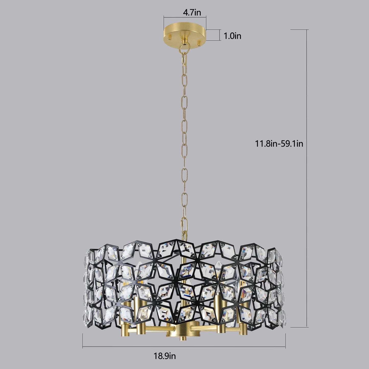 19" Geometric Crystal and BlackGold Round Pendant Chandelier – Modern 5-Light Fixture for Dining Room, Living Room, or Kitchen (Bulb Not Included)