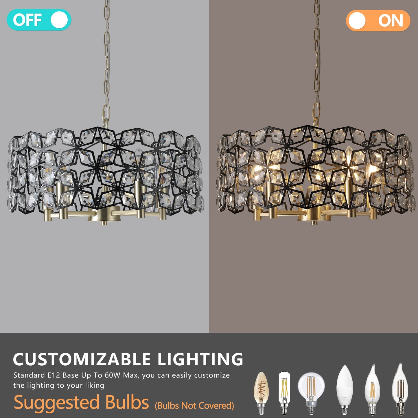 19" Geometric Crystal and BlackGold Round Pendant Chandelier – Modern 5-Light Fixture for Dining Room, Living Room, or Kitchen (Bulb Not Included)