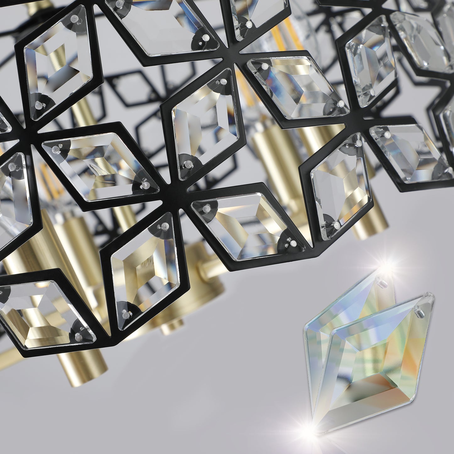 19" Geometric Crystal and BlackGold Round Pendant Chandelier – Modern 5-Light Fixture for Dining Room, Living Room, or Kitchen (Bulb Not Included)