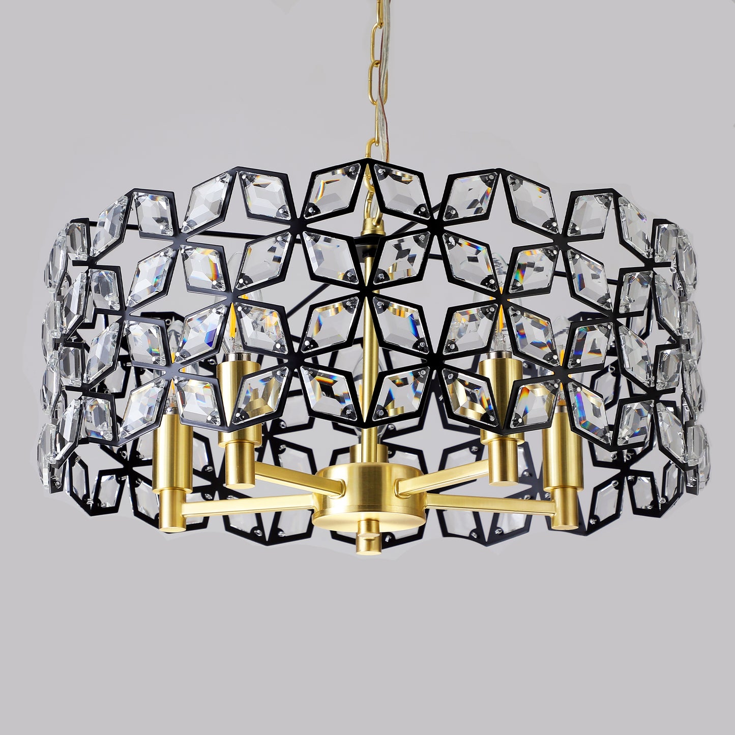 19" Geometric Crystal and BlackGold Round Pendant Chandelier – Modern 5-Light Fixture for Dining Room, Living Room, or Kitchen (Bulb Not Included)
