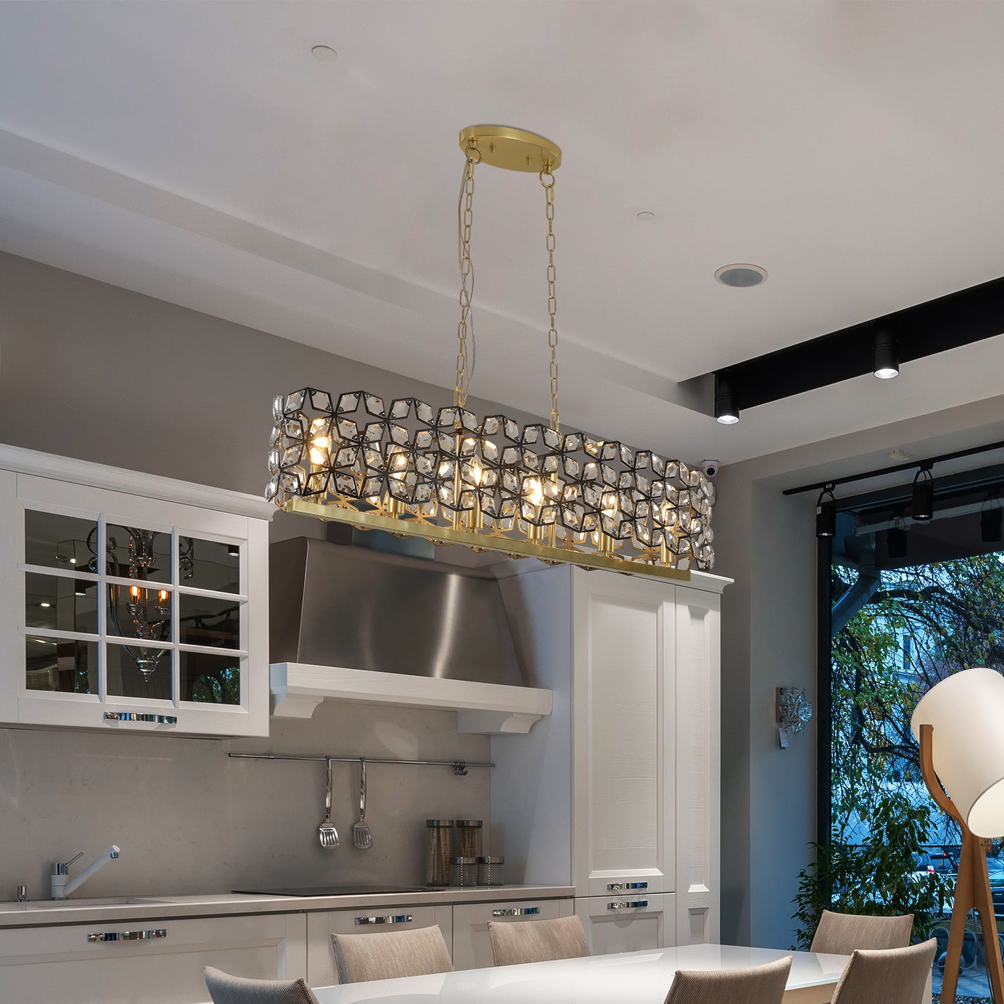 39" Contemporary Crystal and BlackGold Pendant Chandelier – Geometric Modern Light Fixture for Dining Room, Kitchen, or Living Room (Bulb Not Included)
