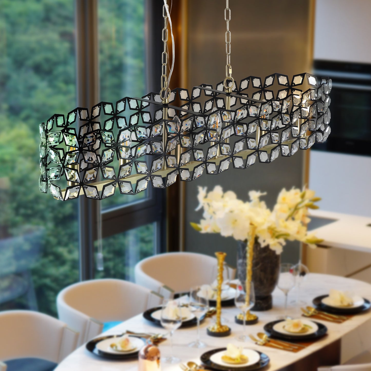 39" Contemporary Crystal and BlackGold Pendant Chandelier – Geometric Modern Light Fixture for Dining Room, Kitchen, or Living Room (Bulb Not Included)