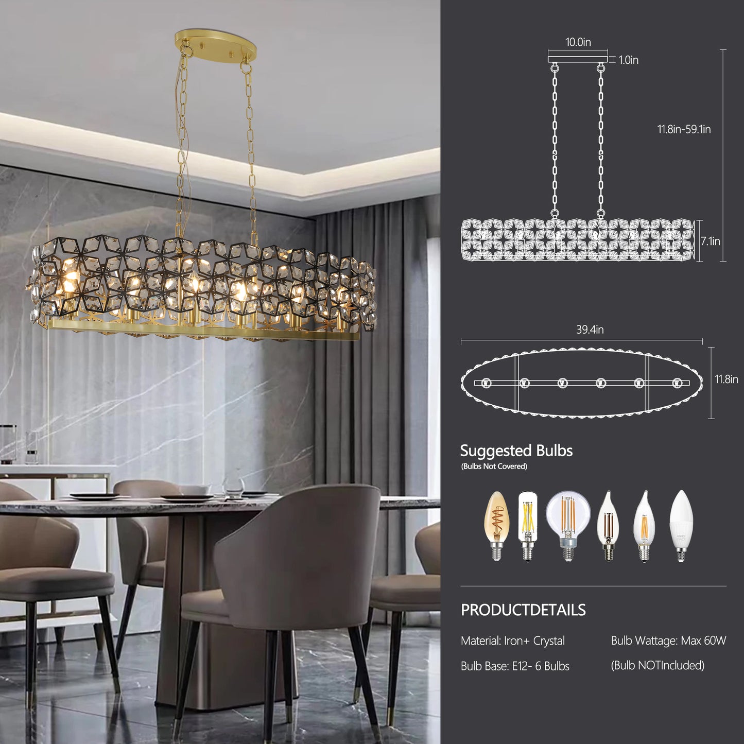 39" Contemporary Crystal and BlackGold Pendant Chandelier – Geometric Modern Light Fixture for Dining Room, Kitchen, or Living Room (Bulb Not Included)