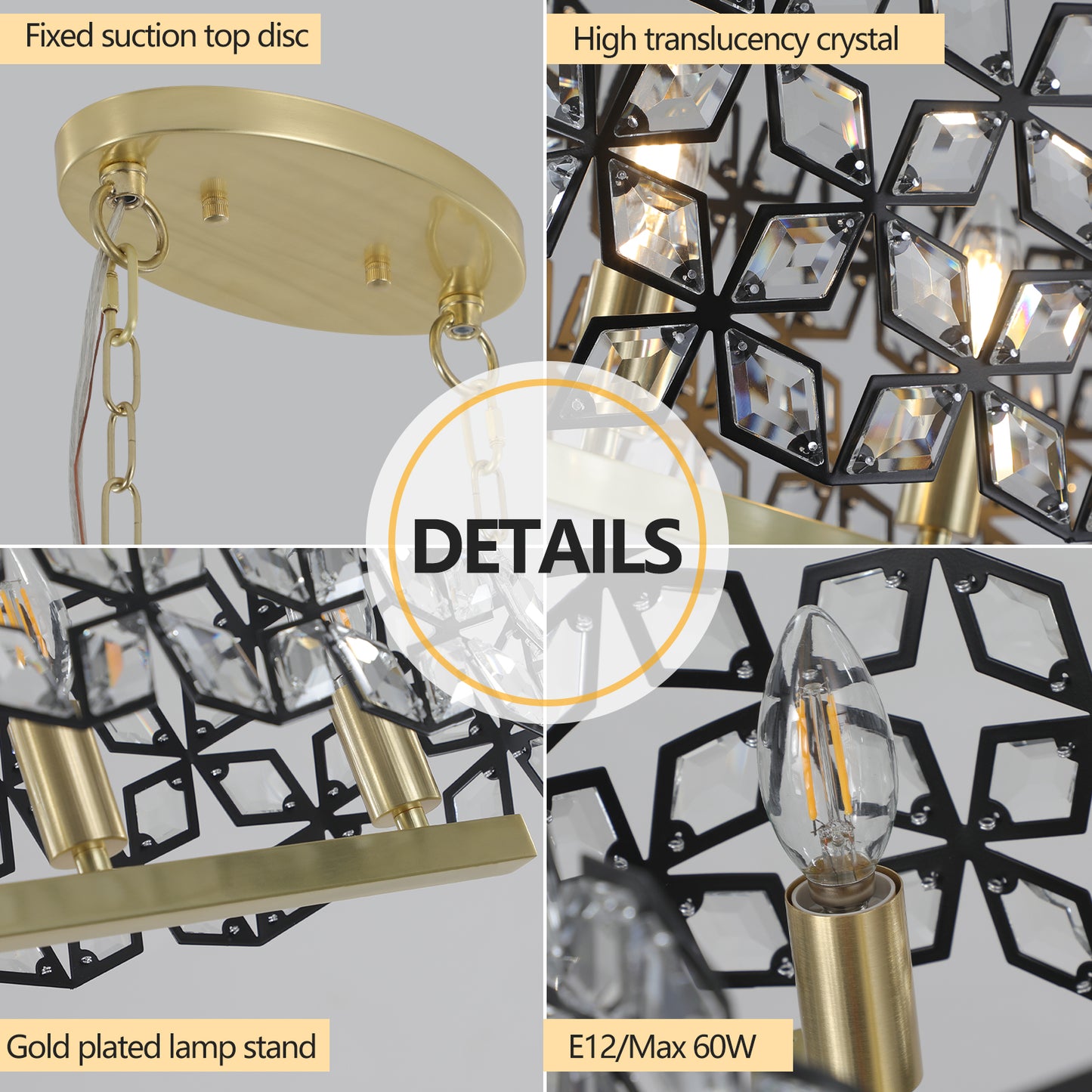 39" Contemporary Crystal and BlackGold Pendant Chandelier – Geometric Modern Light Fixture for Dining Room, Kitchen, or Living Room (Bulb Not Included)