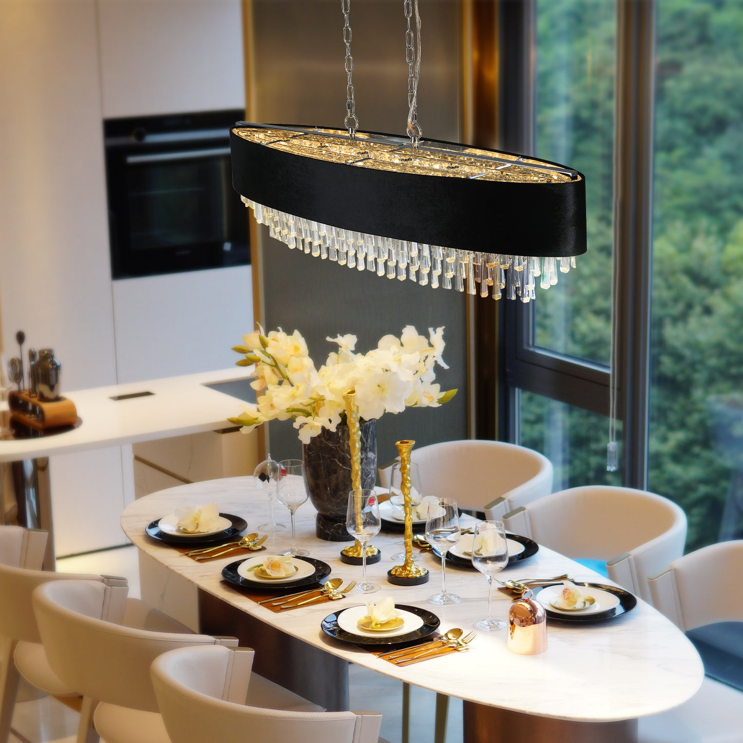 39" Modern Crystal Chandelier with Black Imitation Velvet Anti-Glare Shade, Adjustable Height, 8-Light G9 Base for Dining Room, Living Room, or Bedroom (Bulb Not Included)