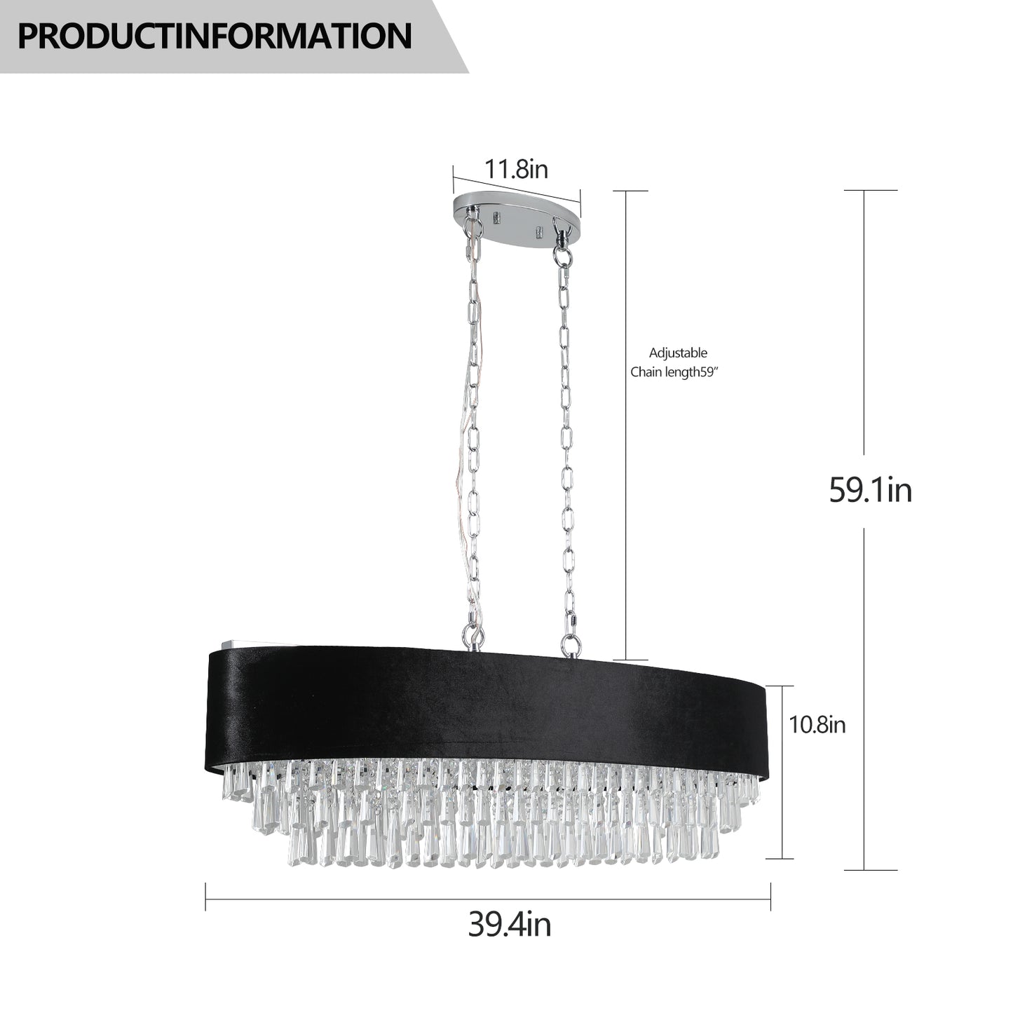 39" Modern Crystal Chandelier with Black Imitation Velvet Anti-Glare Shade, Adjustable Height, 8-Light G9 Base for Dining Room, Living Room, or Bedroom (Bulb Not Included)