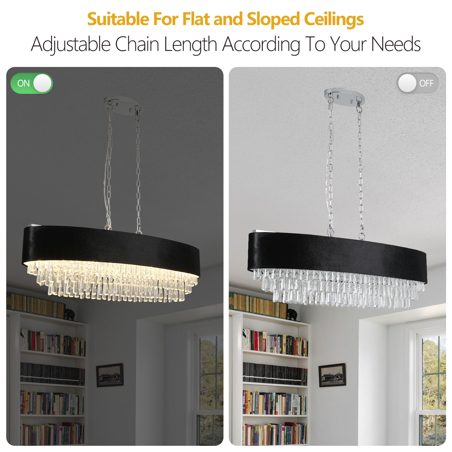 39" Modern Crystal Chandelier with Black Imitation Velvet Anti-Glare Shade, Adjustable Height, 8-Light G9 Base for Dining Room, Living Room, or Bedroom (Bulb Not Included)