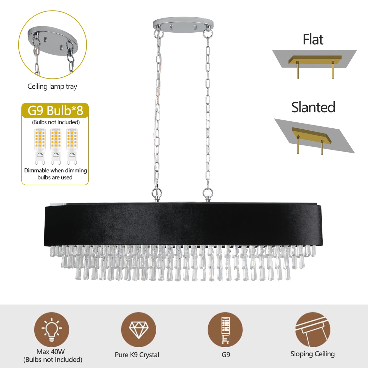 39" Modern Crystal Chandelier with Black Imitation Velvet Anti-Glare Shade, Adjustable Height, 8-Light G9 Base for Dining Room, Living Room, or Bedroom (Bulb Not Included)