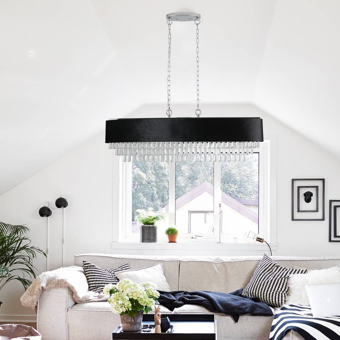 39" Modern Crystal Chandelier with Black Imitation Velvet Anti-Glare Shade, Adjustable Height, 8-Light G9 Base for Dining Room, Living Room, or Bedroom (Bulb Not Included)
