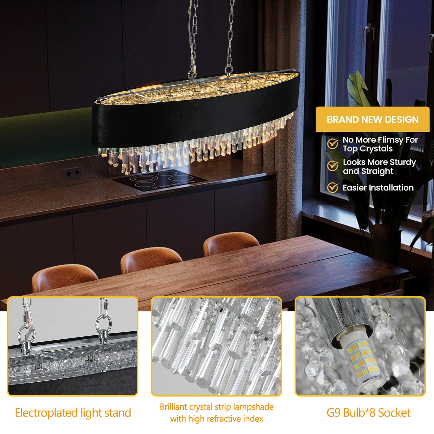 39" Modern Crystal Chandelier with Black Imitation Velvet Anti-Glare Shade, Adjustable Height, 8-Light G9 Base for Dining Room, Living Room, or Bedroom (Bulb Not Included)
