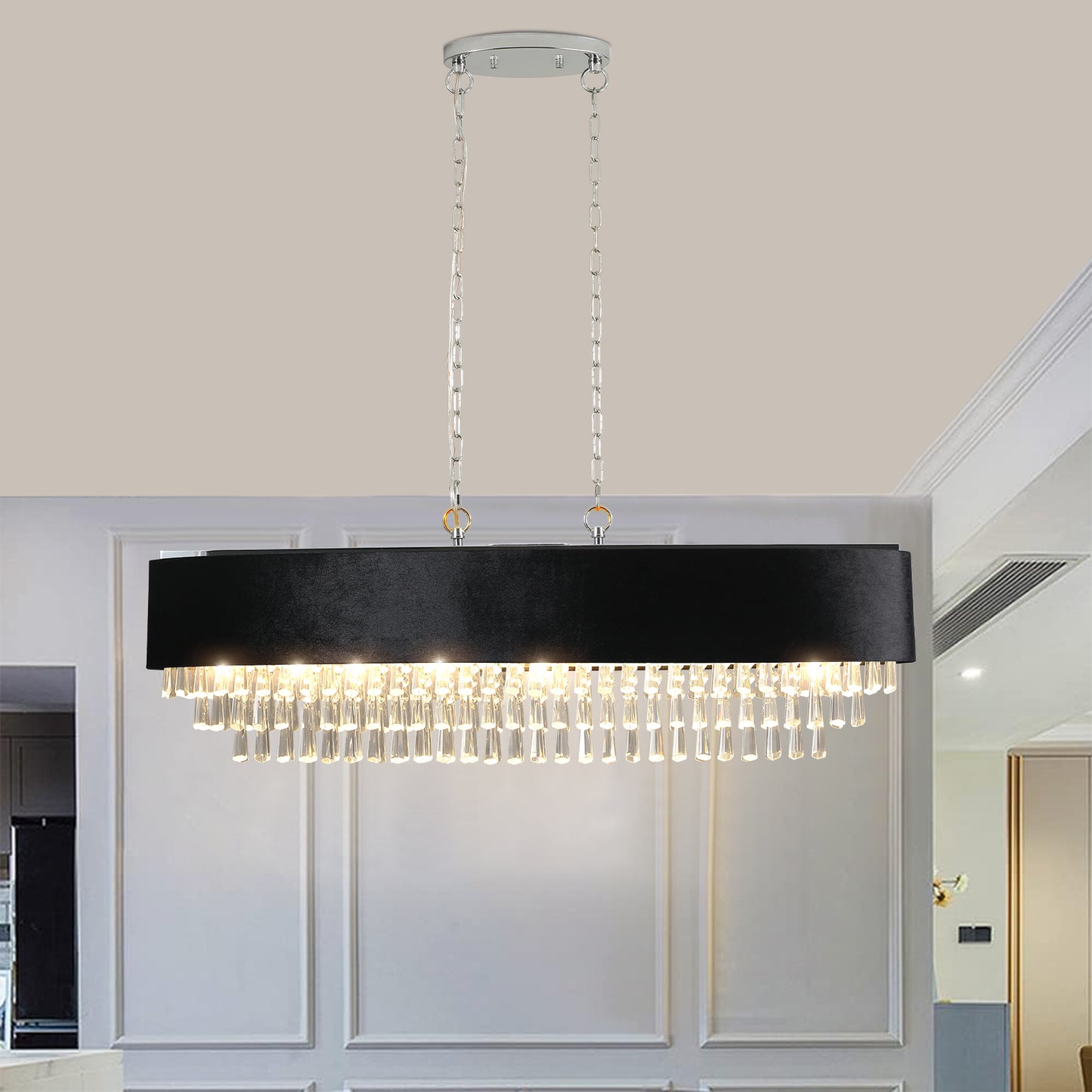 39" Modern Crystal Chandelier with Black Imitation Velvet Anti-Glare Shade, Adjustable Height, 8-Light G9 Base for Dining Room, Living Room, or Bedroom (Bulb Not Included)