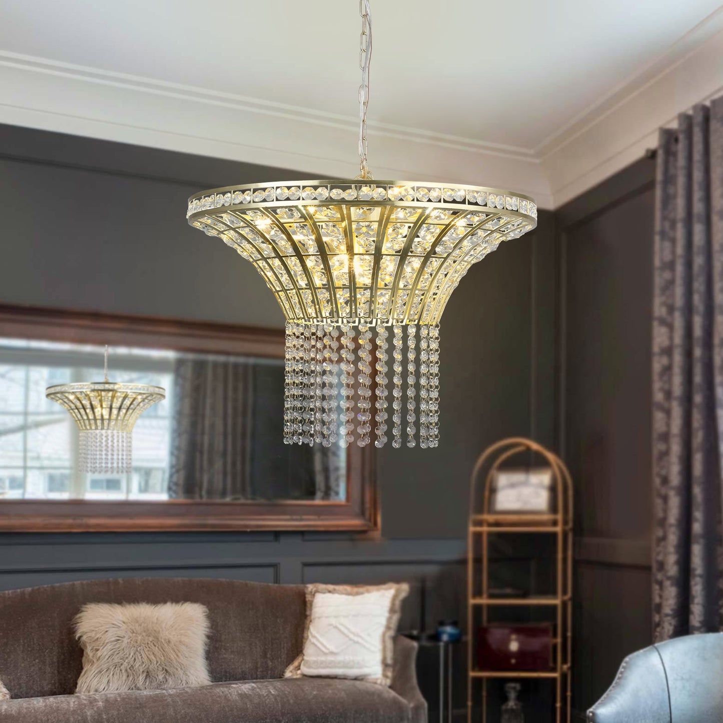 24" Modern Crystal Round Chandelier with Gold Finish, Elegant Pendant Light with Cascading Beads, for Dining Room, Living Room, or Foyer (No Bulbs)