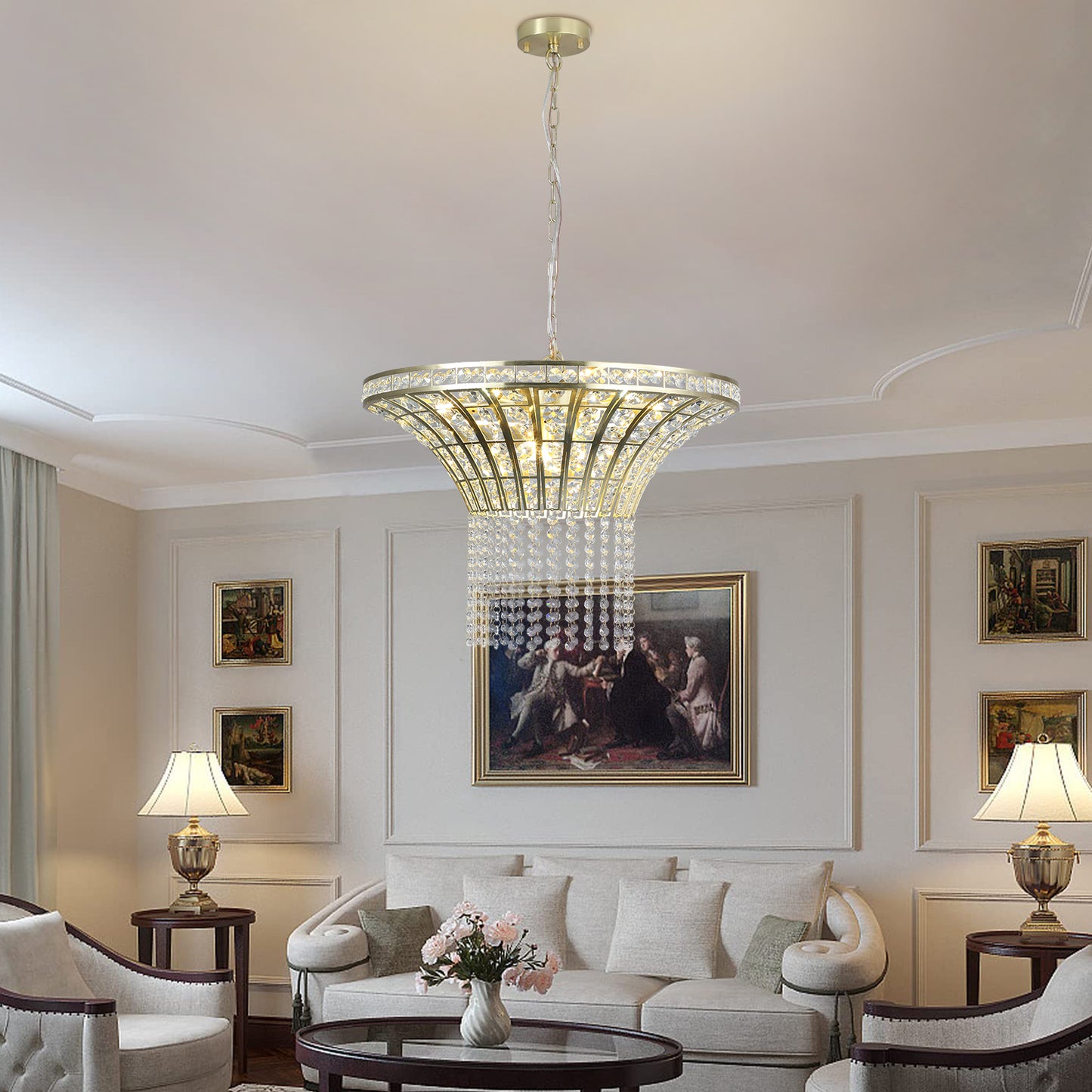 24" Modern Crystal Round Chandelier with Gold Finish, Elegant Pendant Light with Cascading Beads, for Dining Room, Living Room, or Foyer (No Bulbs)