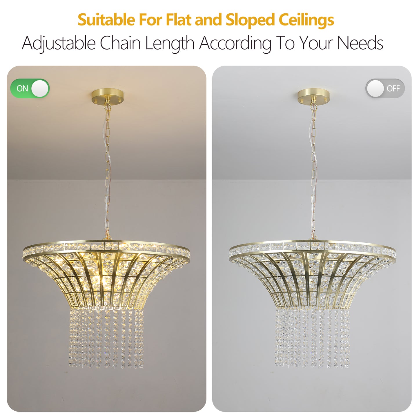 24" Modern Crystal Round Chandelier with Gold Finish, Elegant Pendant Light with Cascading Beads, for Dining Room, Living Room, or Foyer (No Bulbs)