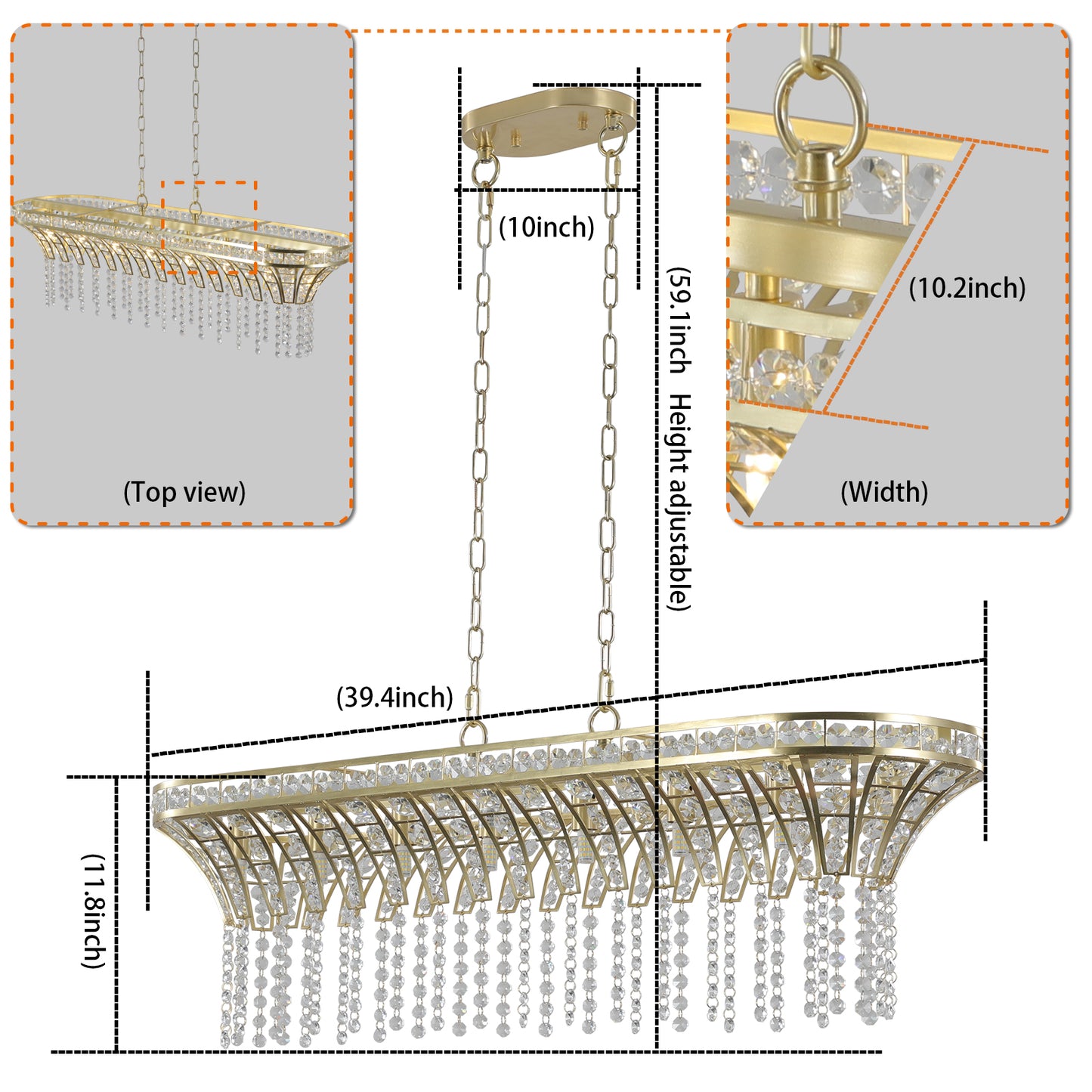 39" Modern Crystal Linear Rectangle Chandelier with Gold Finish, Elegant Pendant Light with Cascading Beads, for Dining Room, Living Room, or Foyer (Bulb Not Included)