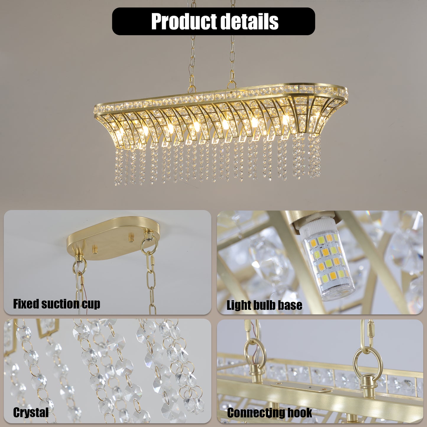 39" Modern Crystal Linear Rectangle Chandelier with Gold Finish, Elegant Pendant Light with Cascading Beads, for Dining Room, Living Room, or Foyer (Bulb Not Included)