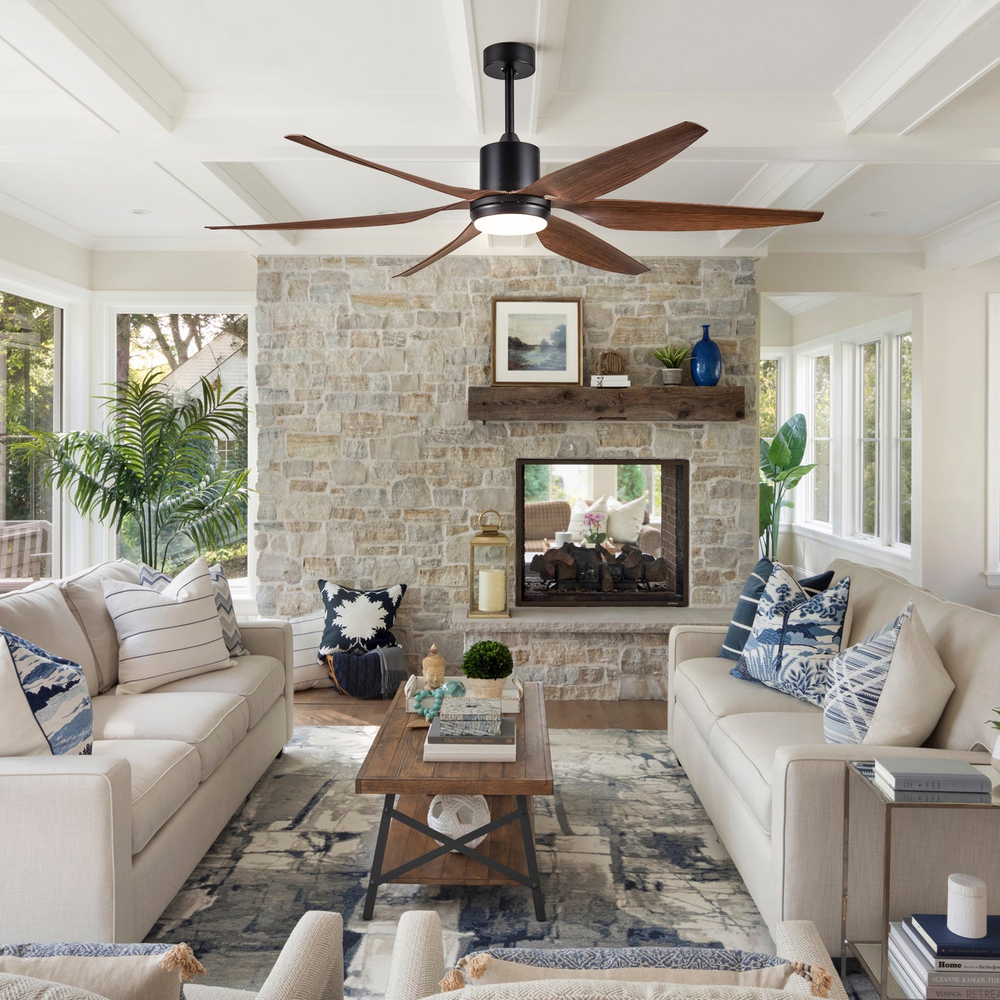 66" Vintage Ceiling Fan Lighting with Brown Blades in Integrated LED