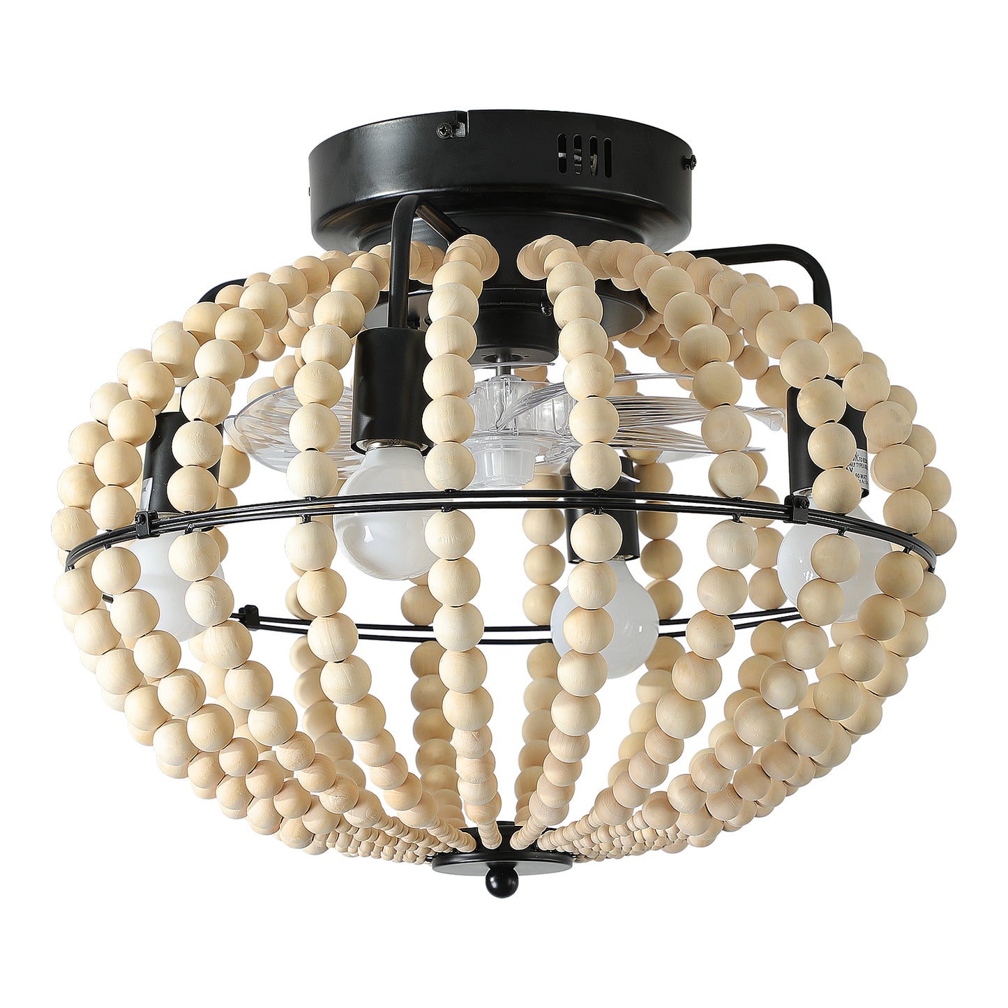 18" Bohemian Wood Beaded Ceiling Fan with Light, Flush Mount Caged Ceiling Fan, Rustic Farmhouse Low Profile Fan Light Fixture for Indoor Home Decor (Silent/6-Speed/Reversible/DC Motor) (No Bulbs)
