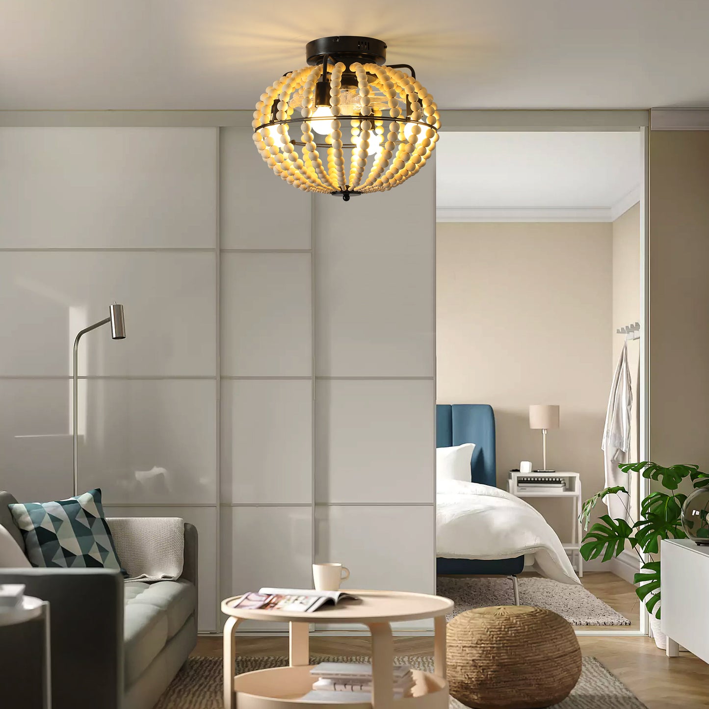 18" Bohemian Wood Beaded Ceiling Fan with Light, Flush Mount Caged Ceiling Fan, Rustic Farmhouse Low Profile Fan Light Fixture for Indoor Home Decor (Silent/6-Speed/Reversible/DC Motor) (No Bulbs)