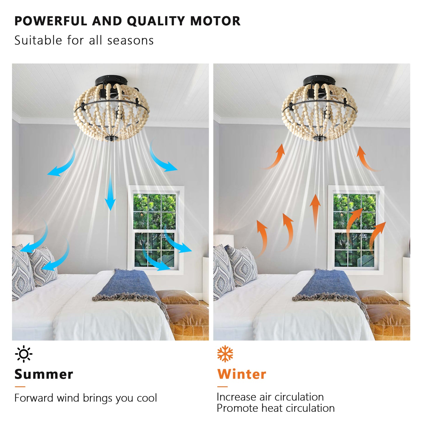 18" Bohemian Wood Beaded Ceiling Fan with Light, Flush Mount Caged Ceiling Fan, Rustic Farmhouse Low Profile Fan Light Fixture for Indoor Home Decor (Silent/6-Speed/Reversible/DC Motor) (No Bulbs)