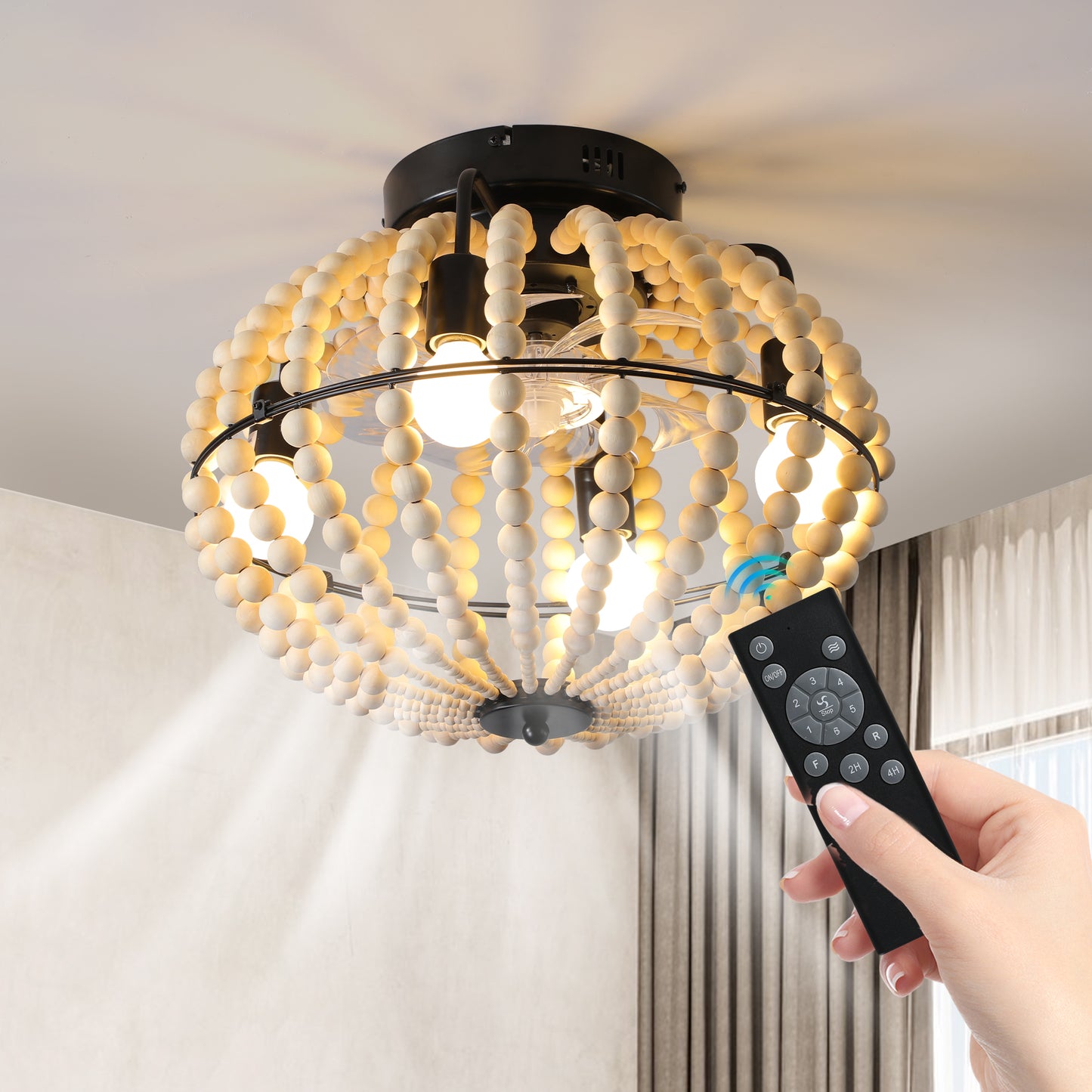18" Bohemian Wood Beaded Ceiling Fan with Light, Flush Mount Caged Ceiling Fan, Rustic Farmhouse Low Profile Fan Light Fixture for Indoor Home Decor (Silent/6-Speed/Reversible/DC Motor) (No Bulbs)