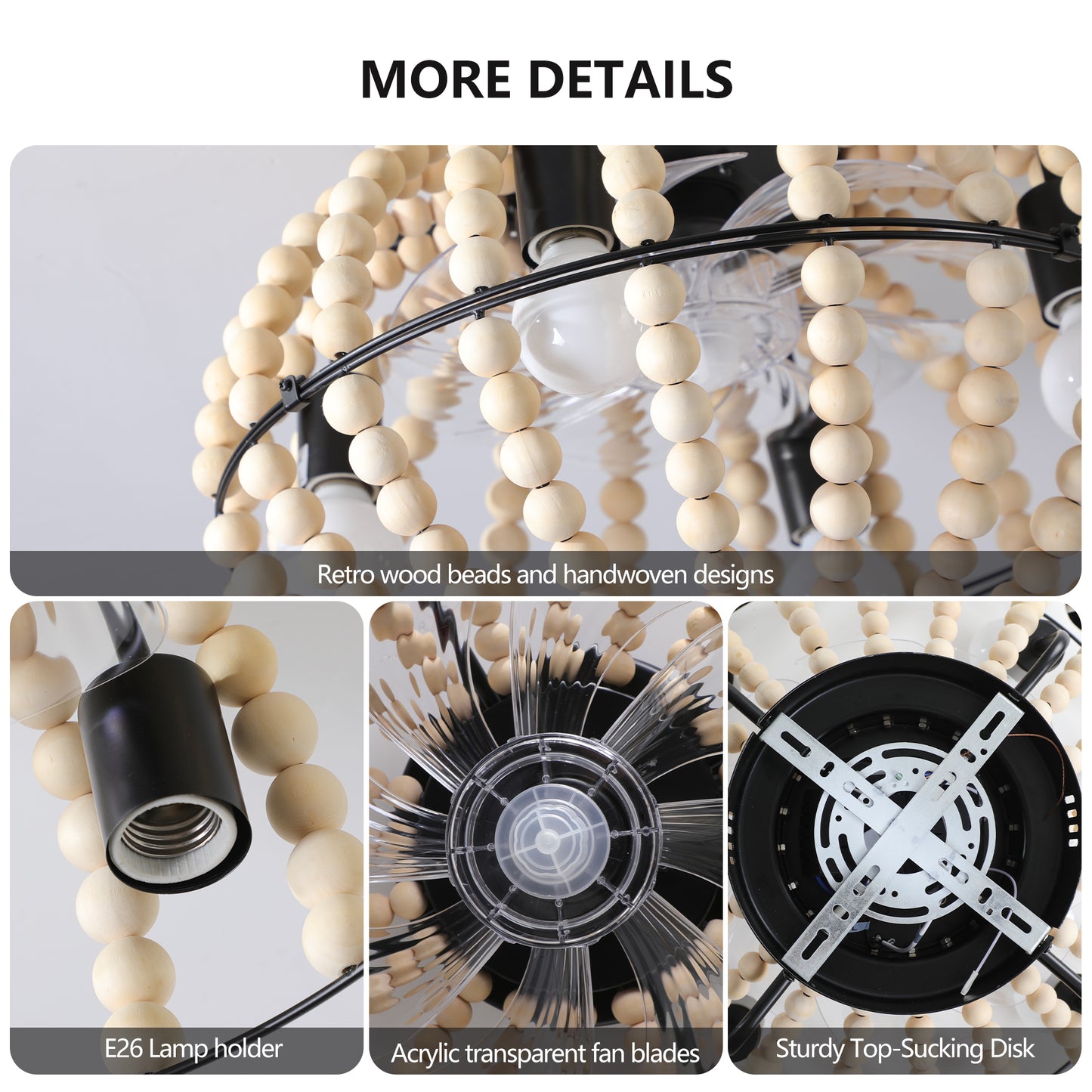 18" Bohemian Wood Beaded Ceiling Fan with Light, Flush Mount Caged Ceiling Fan, Rustic Farmhouse Low Profile Fan Light Fixture for Indoor Home Decor (Silent/6-Speed/Reversible/DC Motor) (No Bulbs)