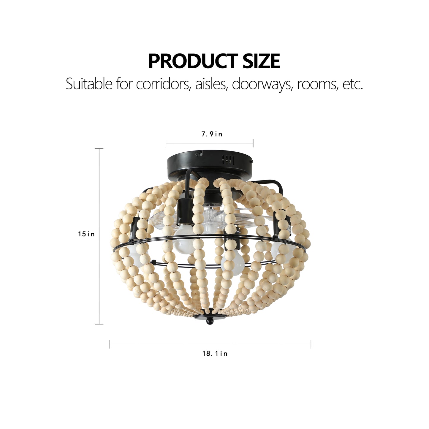 18" Bohemian Wood Beaded Ceiling Fan with Light, Flush Mount Caged Ceiling Fan, Rustic Farmhouse Low Profile Fan Light Fixture for Indoor Home Decor (Silent/6-Speed/Reversible/DC Motor) (No Bulbs)