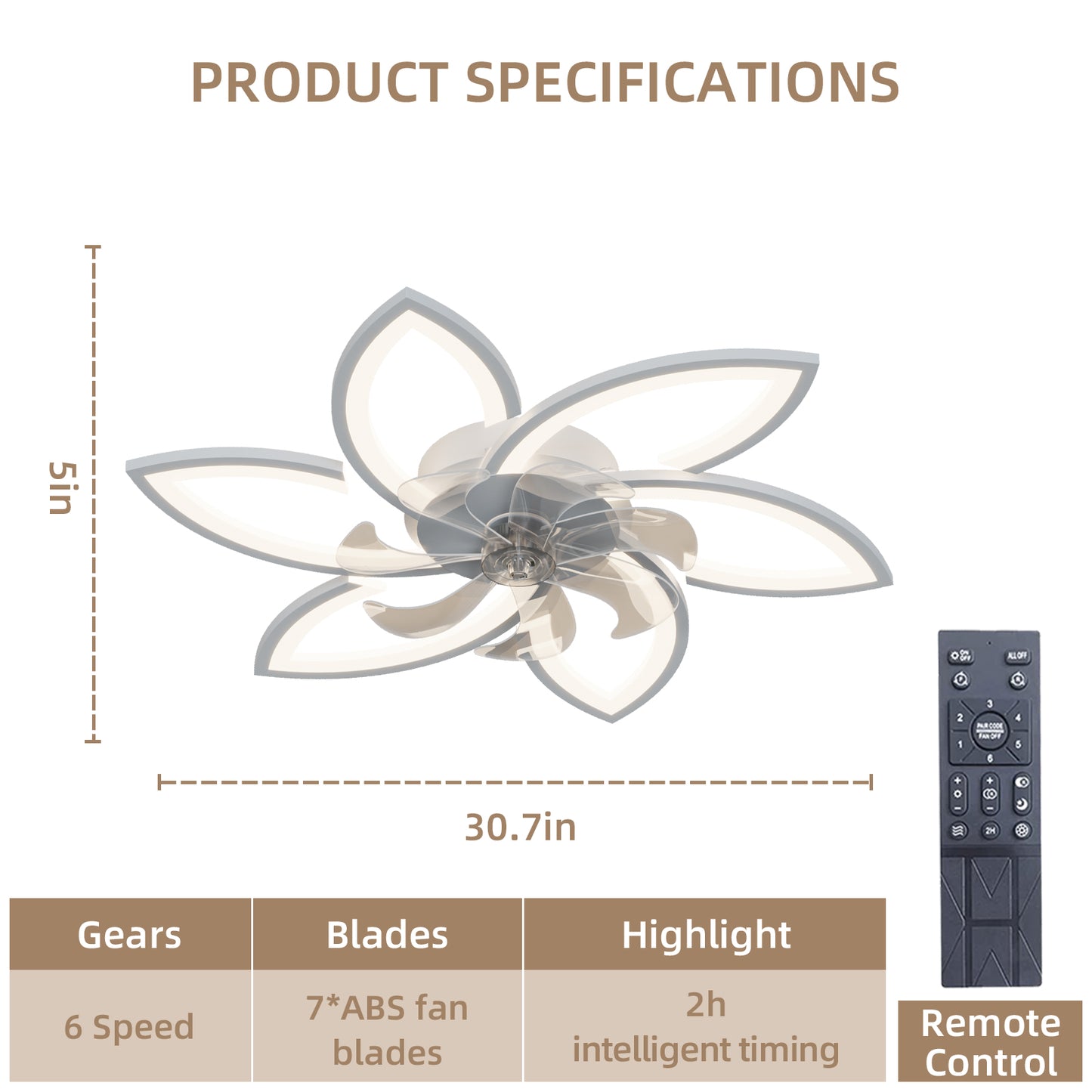 30.7In Ceiling Fan with Lights, Remote Control 3 Color Temperatures,6 Gear wind Speed Fan Light