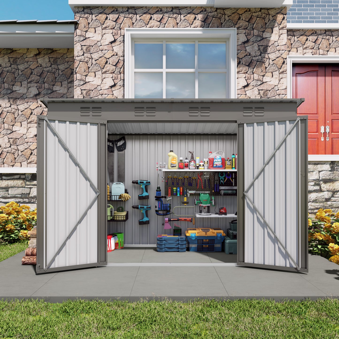 4 x 9 FT Outdoor Storage Shed, Metal Garden Shed Tool House with Sloping Roof,6 vents and 2 Swing Doors for Backyard, Garden,Patio, Garage, Lawn, Gray