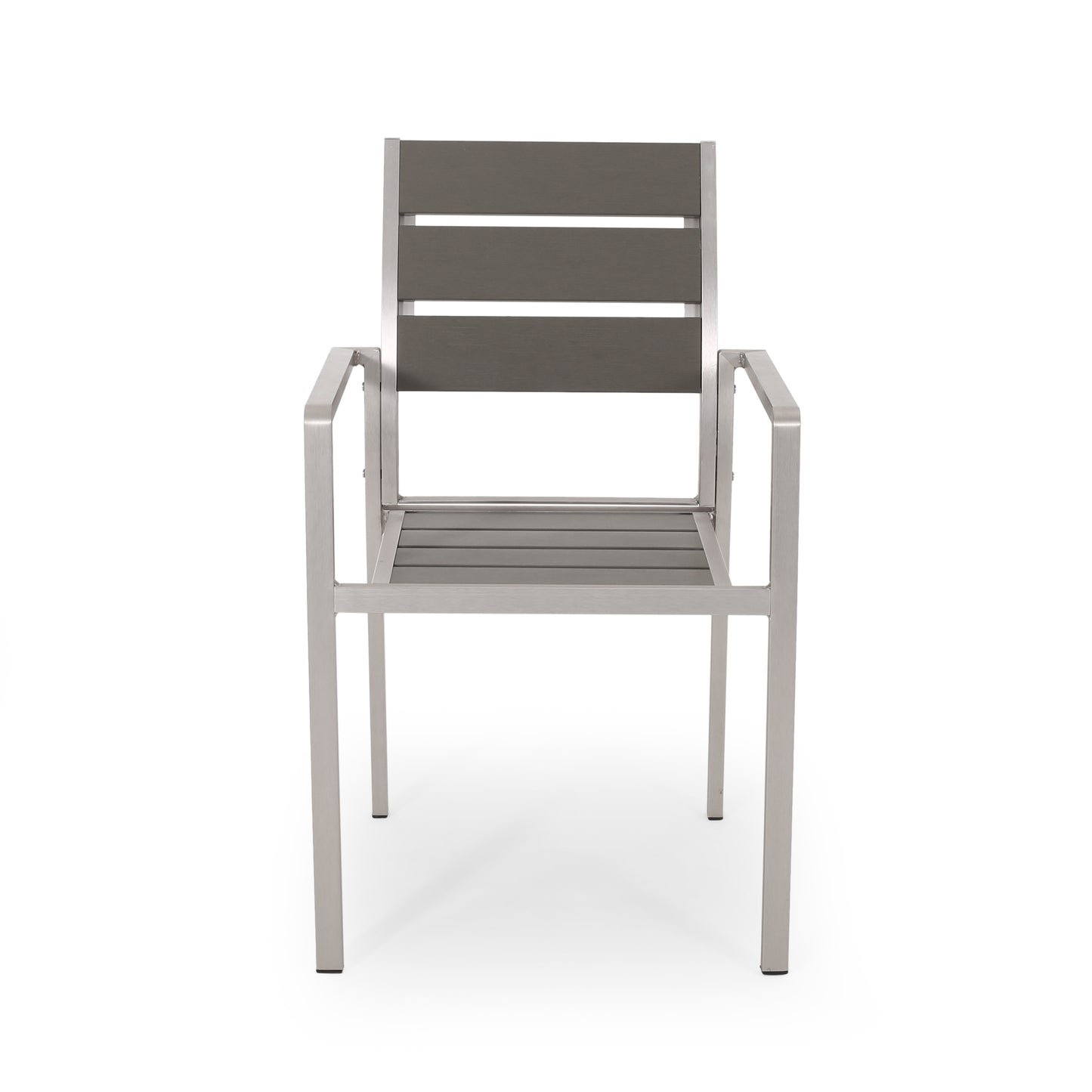 Outdoor Modern Aluminum Dining Chair with Faux Wood Seat (Set of 2), Gray and Silver