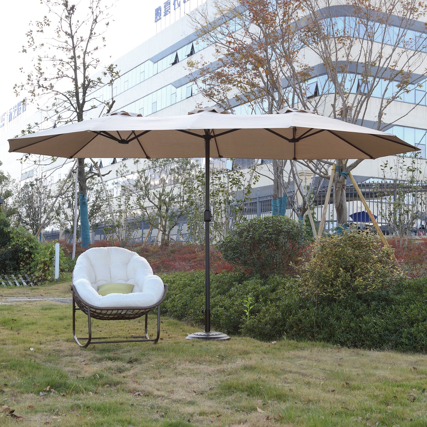 14.8 Ft Double Sided Outdoor Umbrella Rectangular Large with Crank ( khaki )