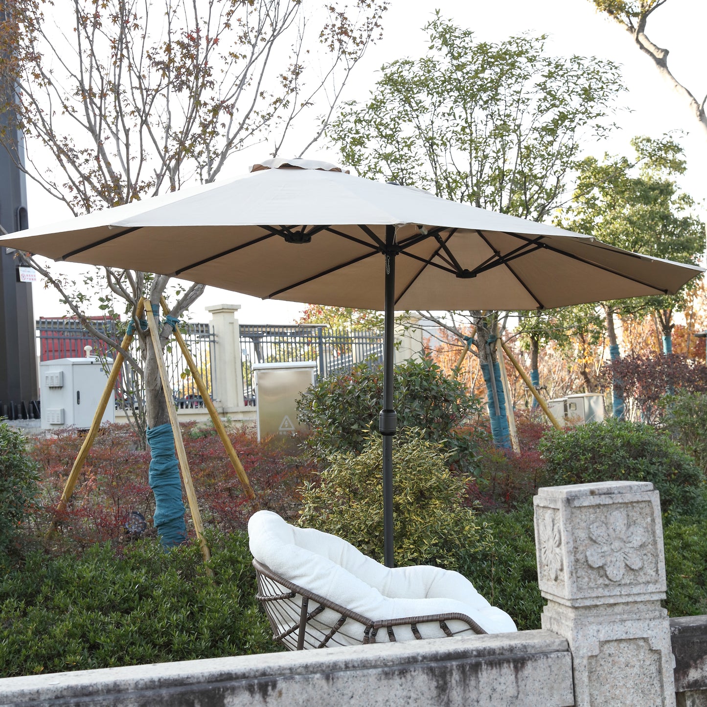 14.8 Ft Double Sided Outdoor Umbrella Rectangular Large with Crank ( khaki )