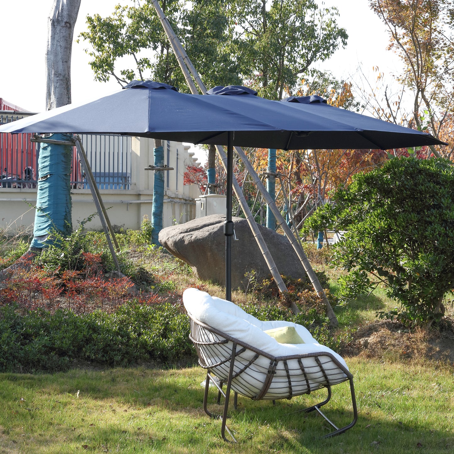 14.8 Ft Double Sided Outdoor Umbrella Rectangular Large with Crank ( Navy blue )