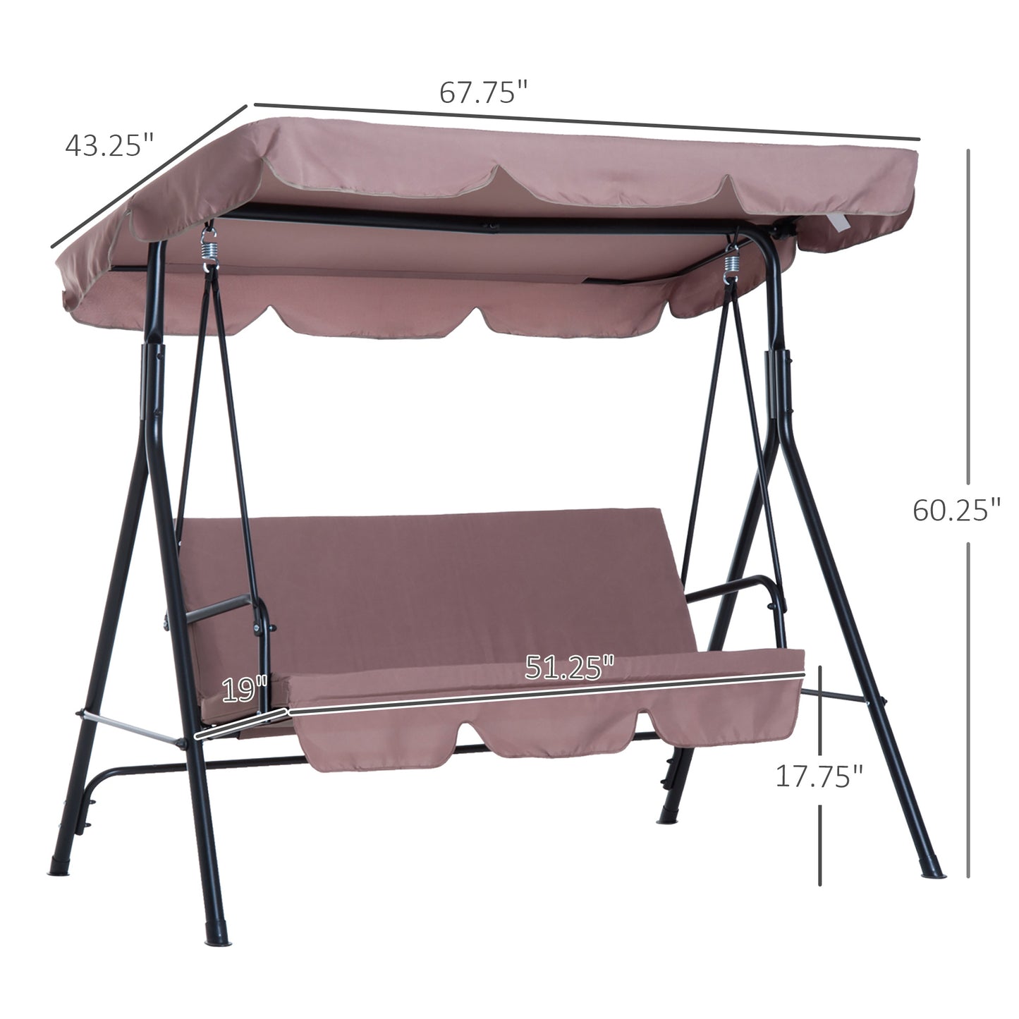 3-Seat Outdoor Patio Swing Chair with Removable Cushion, Steel Frame Stand and Adjustable Tilt Canopy for Patio, Garden, Poolside, Balcony, Backyard, Brown