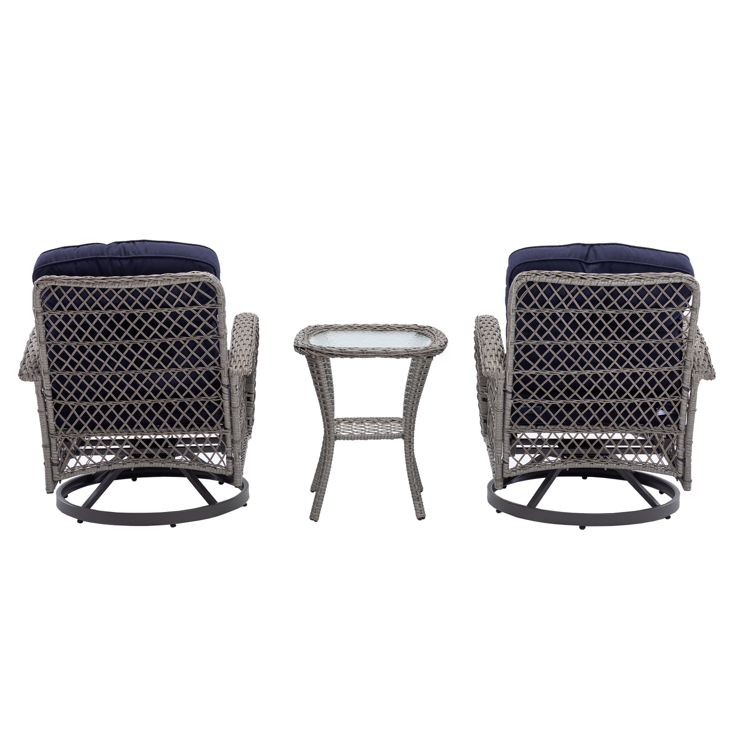 3 Pieces Outdoor Swivel Rocker Patio Chairs, 360 Degree Rocking Patio Conversation Set with Thickened Cushions and Glass Coffee Table for Backyard, Navy blue