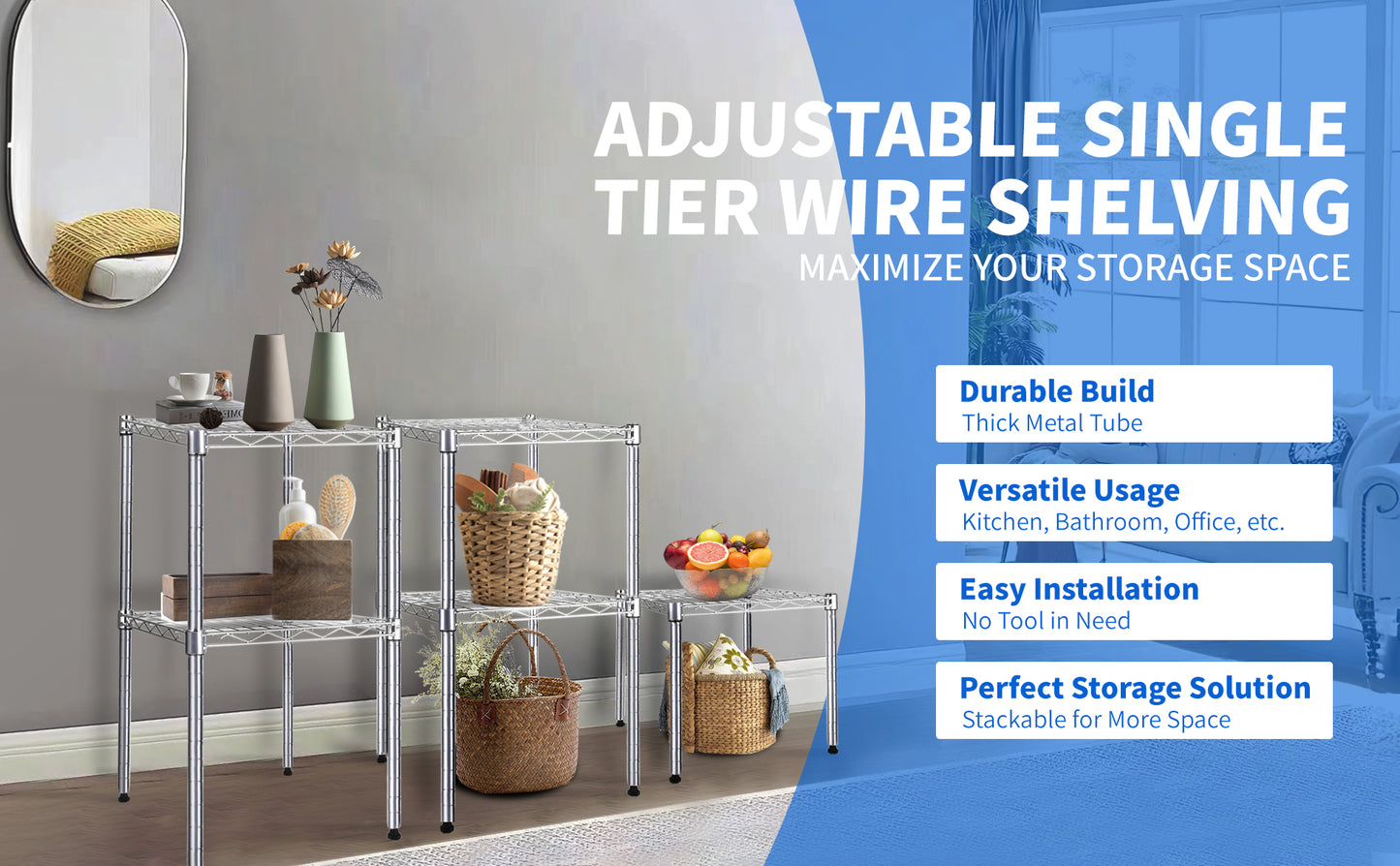 Heavy Duty Shelving Unit, Wire Metal Stackable Storage, 1-Tier Shelf, Chrome, 15" W x 13.8" D x 15" H