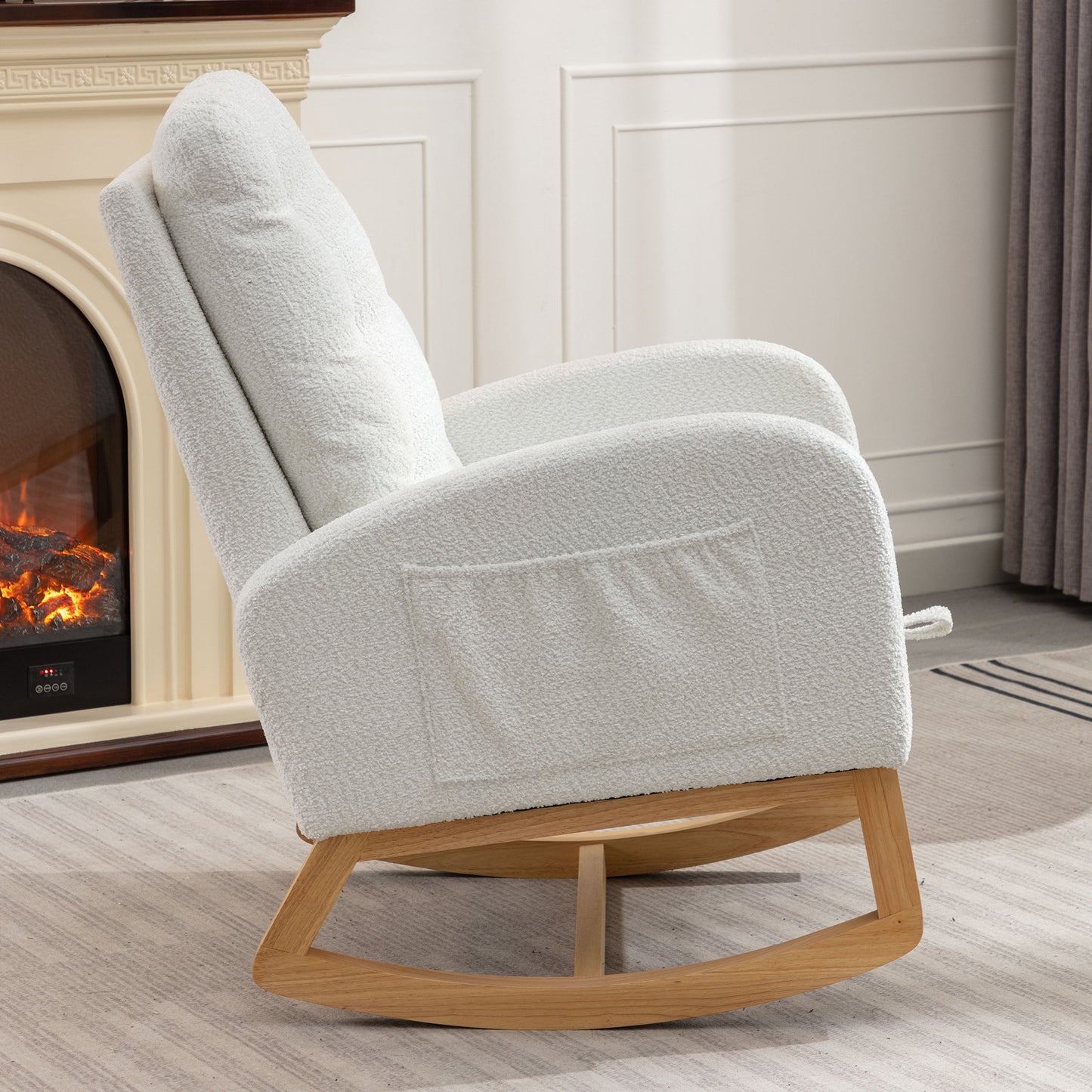 LY-5104 WHITE Accent Rocking Chair with Footrest High Back Rubber Wood Rocking Legs Bedroom Living Space 26.77D X 38.36W X 39.76H Inch