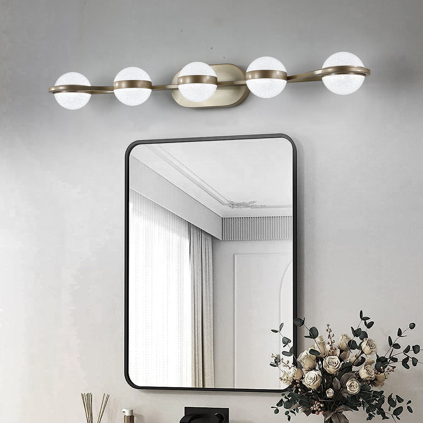35" Modern Minimalist Bathroom Vanity Light, LED 5 Bulb Crystal Sand Acrylic Shades, Wall Mounted Decorative Lighting Fixture, Suitable for Bathroom Vanity Mirror (Champagne Gold)