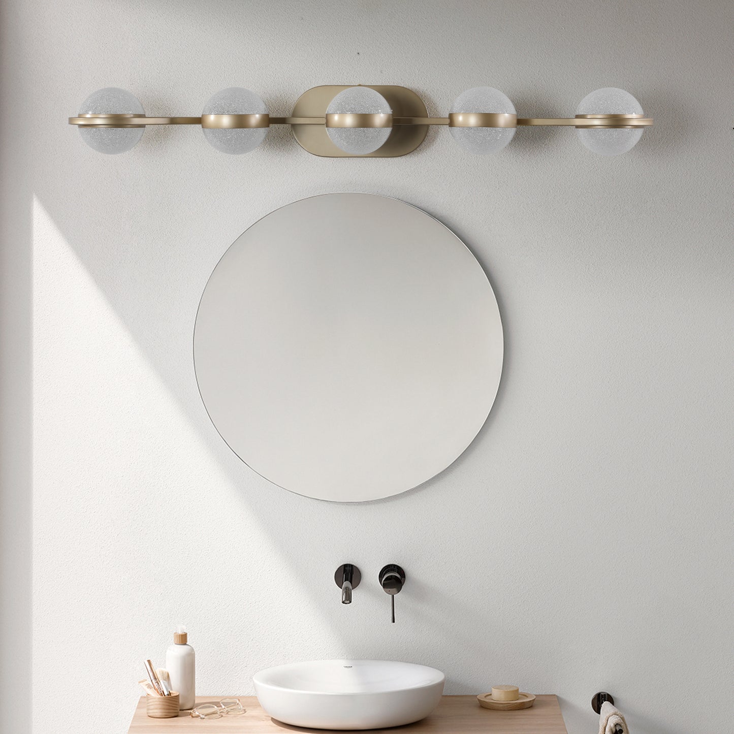 35" Modern Minimalist Bathroom Vanity Light, LED 5 Bulb Crystal Sand Acrylic Shades, Wall Mounted Decorative Lighting Fixture, Suitable for Bathroom Vanity Mirror (Champagne Gold)