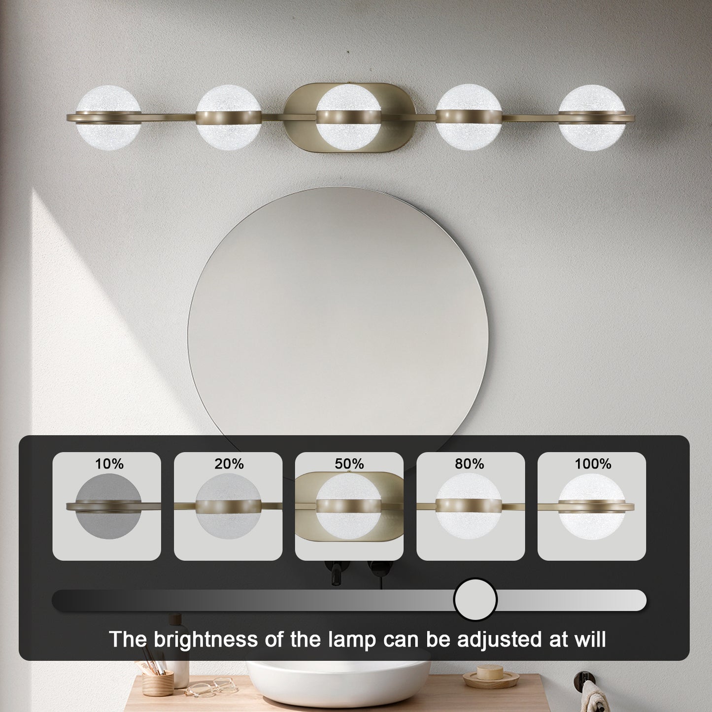 35" Modern Minimalist Bathroom Vanity Light, LED 5 Bulb Crystal Sand Acrylic Shades, Wall Mounted Decorative Lighting Fixture, Suitable for Bathroom Vanity Mirror (Champagne Gold)