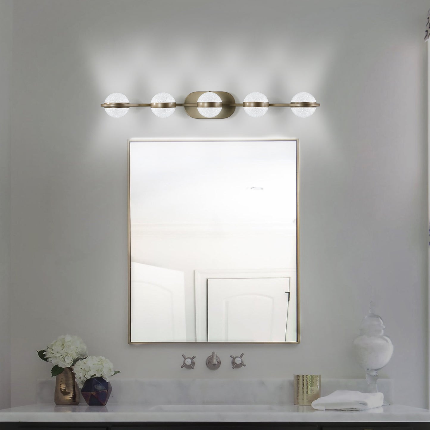 35" Modern Minimalist Bathroom Vanity Light, LED 5 Bulb Crystal Sand Acrylic Shades, Wall Mounted Decorative Lighting Fixture, Suitable for Bathroom Vanity Mirror (Champagne Gold)