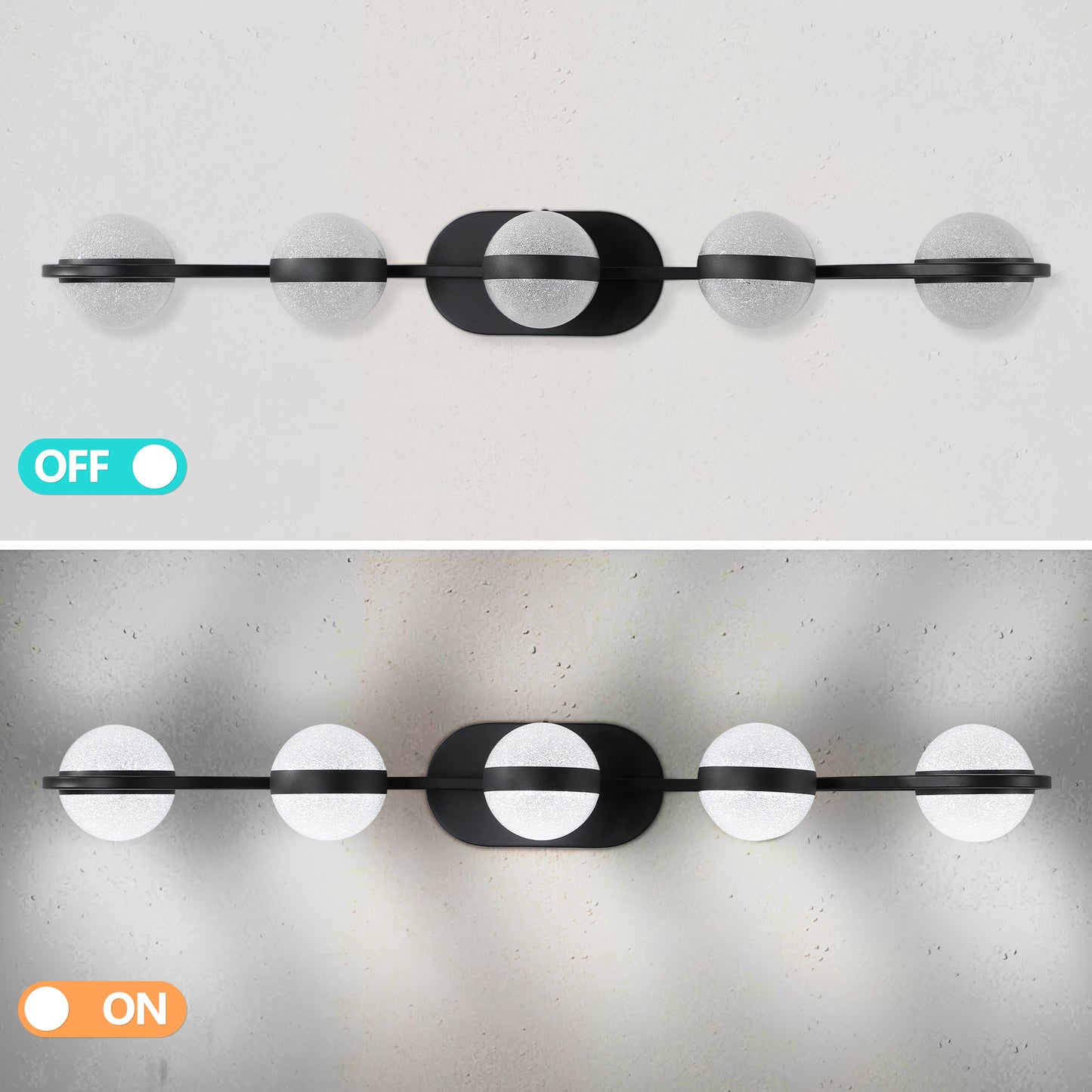 35" Modern Minimalist Bathroom Vanity Light, LED 5 Bulb Crystal Sand Acrylic Shades, Wall Mounted Decorative Lighting Fixture, Suitable for Bathroom Vanity Mirror (Black)